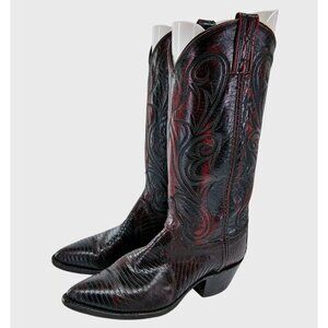Dan Post Boots Womens Size 6.5 Black Red Western Cowgirl Pointed Toe Lizard USA